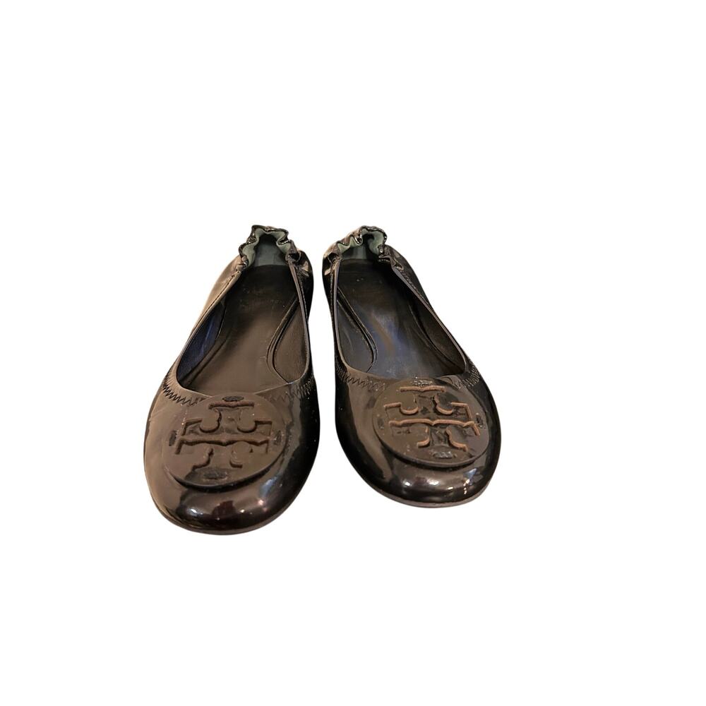 Tory Burch Reva ballet flats, sleek black patent leather, Double T logo, size 10